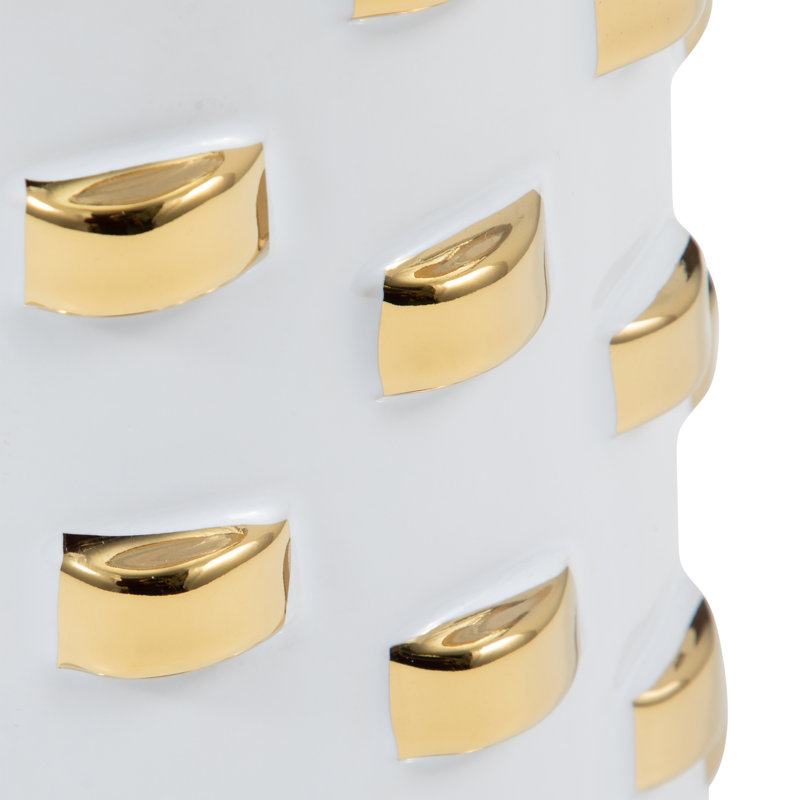 Stoneware Decorative Vase with Textured Raised Rectangular Stud Accents and Cylindrical Silhouette, 11" H x 6" W x 6" D