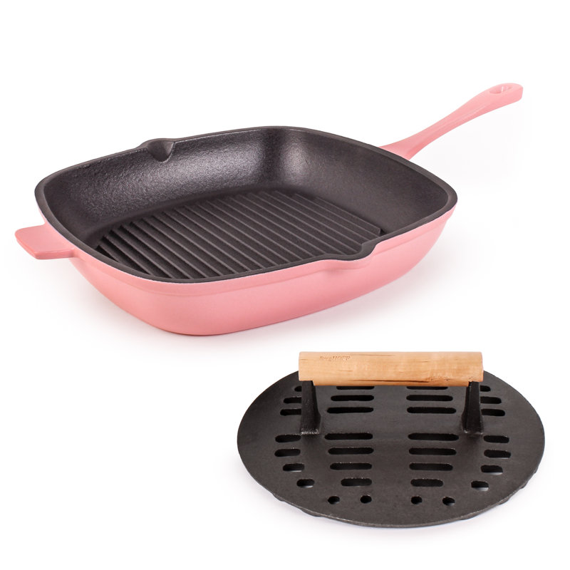 Ensemble de fonte 2 pièces Neo: poêle à griller de 11 po avec presse à steak rainuré et huître, Rose