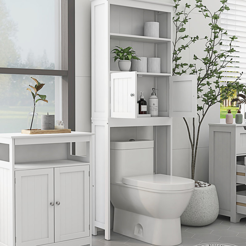 White Over-the-Toilet Storage Rack with Doors and Shelves
