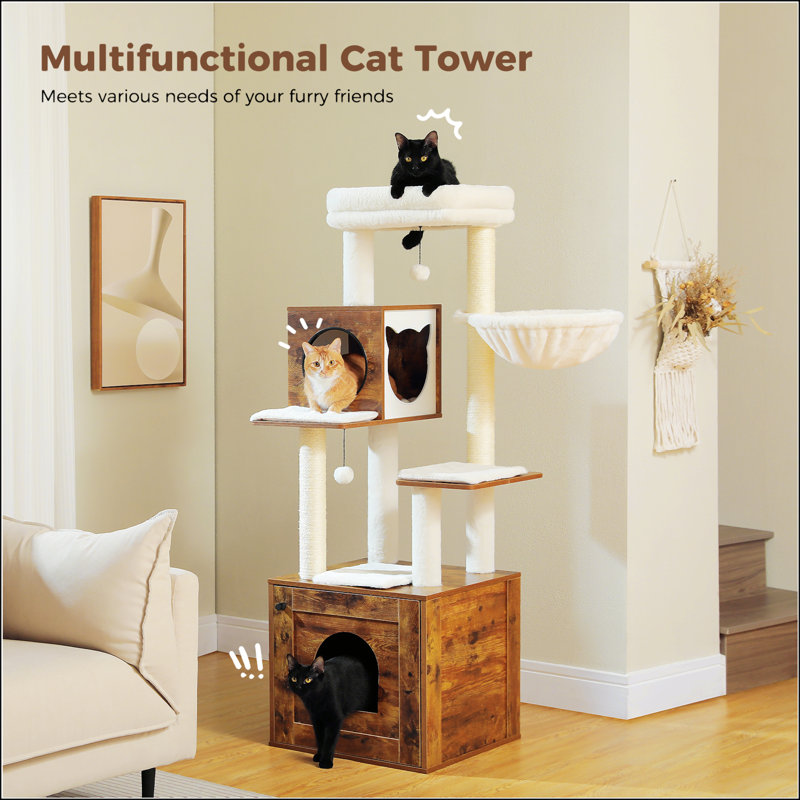 57.5" Brown Wooden Cat Tree with Litter Box Enclosure