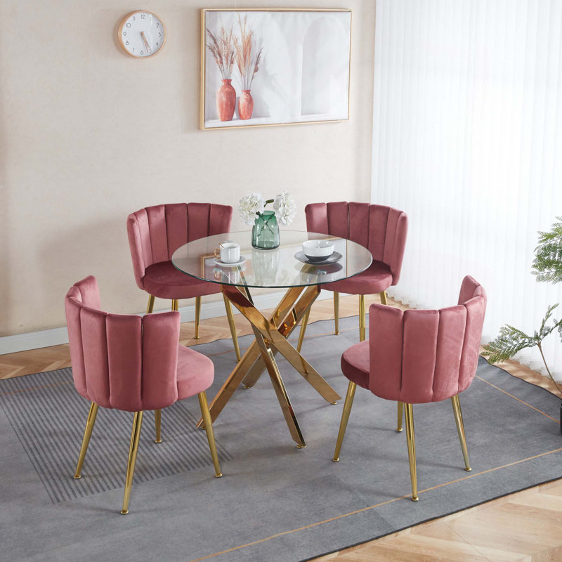 Ensemble de salle à manger 1 + 4,5 pièces, table de salle à manger à pieds en métal Mid-Century pour 4-6 personnes avec plateau en verre, table de salle à manger à piédestal, table basse de loisirs