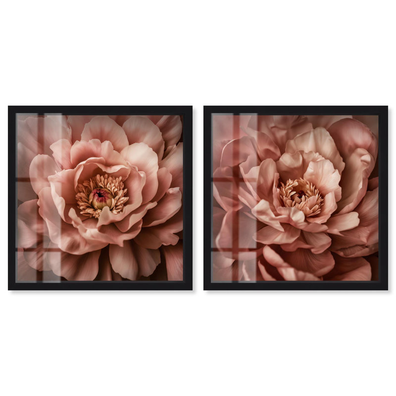 Ensemble de 2 panneaux de pivoines , H 13 po x l 13 po, Noir
