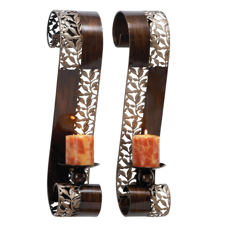 Brown Metal Wall Sconce with Scroll Designs 2 - Pieces