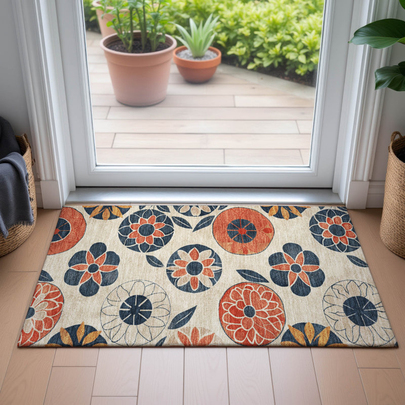Machine Washable Indoor/Outdoor Kimberlin ACN2179 Floral Rug, Rectangle 1'8" x 2'6"