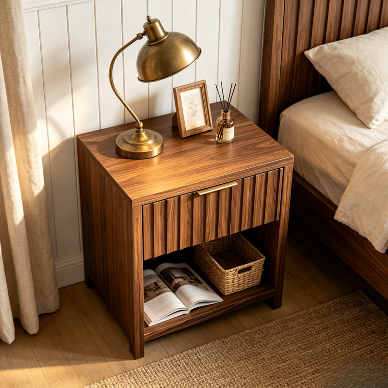 Table de chevet en bois cannelé à 1 tiroir, table d'appoint moderne et rustique avec rangement ouvert pour chambre à coucher