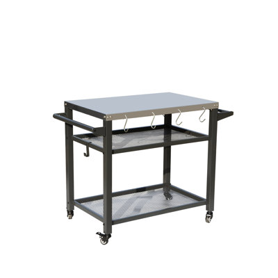 Chariot de préparation alimentaire extérieur avec 3 tablettes, comptoir en acier inoxydable antirouille, cloison en maille pour l'eau, crochets supplémentaires pour outils, freins sur les roues, table de barbecue pratique.