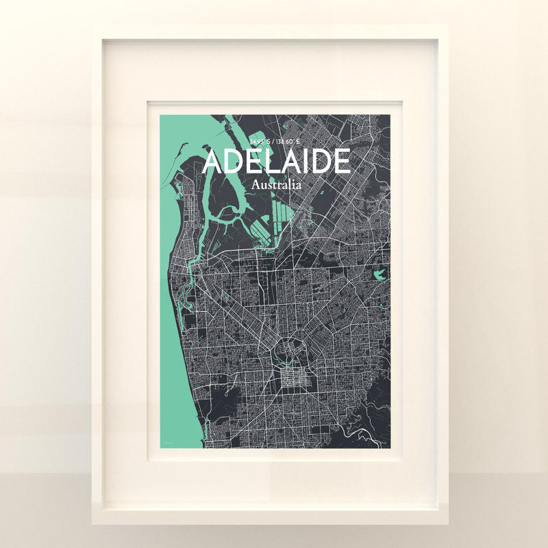 Adelaide City Map, impression, H 24 po x l 18 po, Vert / gris