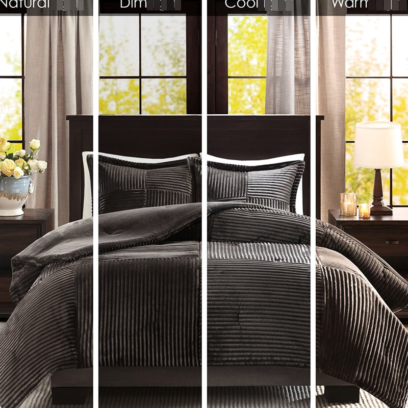 Édredon double / double en duvet synthétique, aspect et sensation côtelés, dossier solide pour le confort du sommeil, avec 2 taies décoratives, lavable à la machine, façade gris-brun, revers, vient