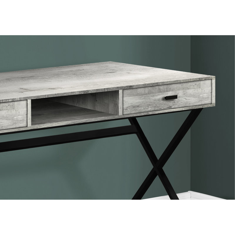 Bureau de travail à domicile avec plateau en stratifié gris de 122 cm (48 po) et pieds en métal noir, rangement intégré. Bureau moderne, plateau, construction, utilisation