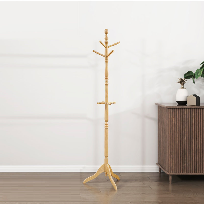 Classic Coat Rack With 10 Hooks, Solid Wood Entryway Organizer For Modern Homes, Natural