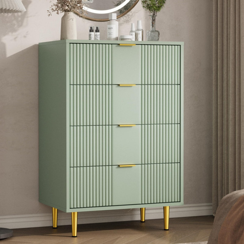 36.9" Tall Fluted 4 Drawer Dresser with Metal Handles, Modern Wood Storage Chest, Green