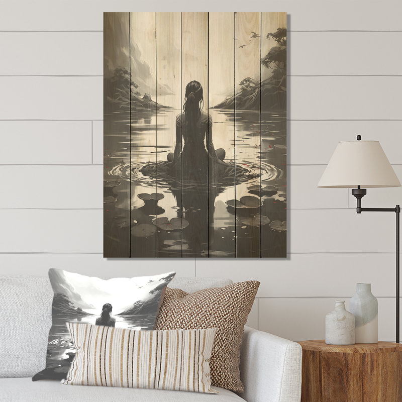 Méditation, yoga, méditation, femme, lotus, pose I - méditation sur bois, H 20 po x l 10 po