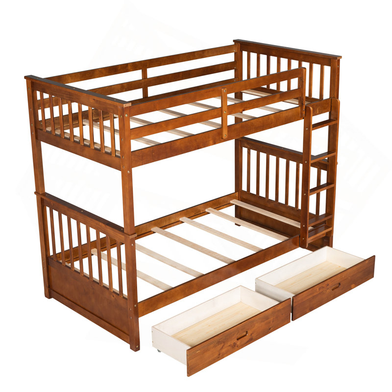 Lit superposé simple au-dessus de simple avec échelles et deux tiroirs de rangement (noyer), Noyer