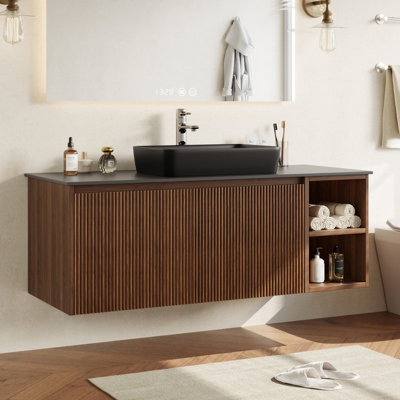 Ensemble de meuble-lavabo flottant simple 48 po avec lavabo, meuble-lavabo mural avec vasque en pierre frittée noire, vasque en céramique, tablettes ouvertes et armoire