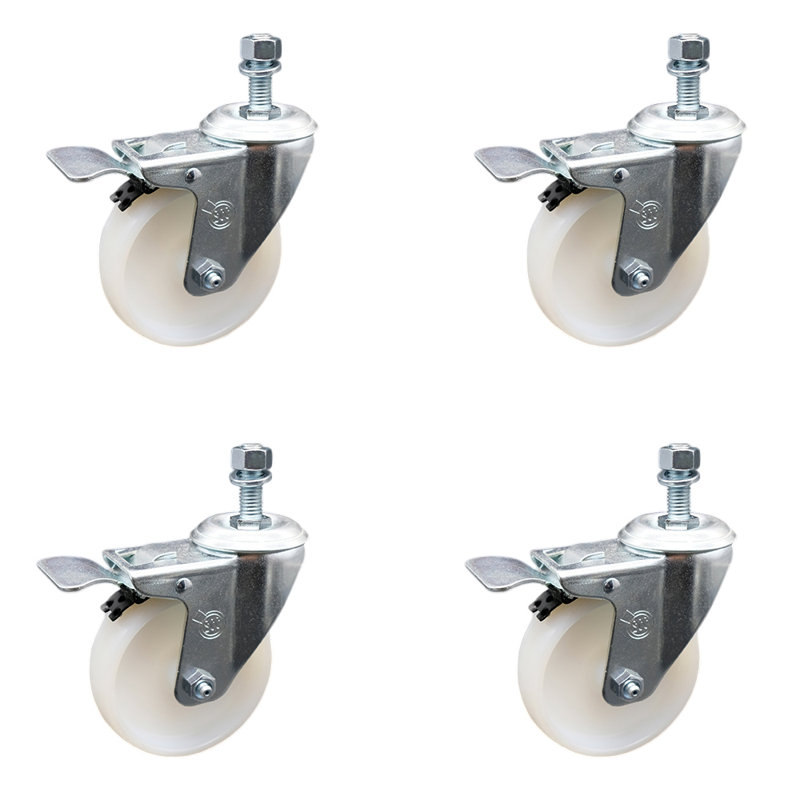 4 Inch SS Nylon Wheel Swivel 10mm Threaded Stem Caster Set Total Lock Brake
