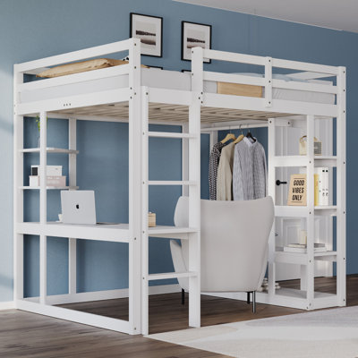 Harriet Bee - Solid Wood Kids Loft Bed With Ladder, Desk, Shelves & Clothes Rail