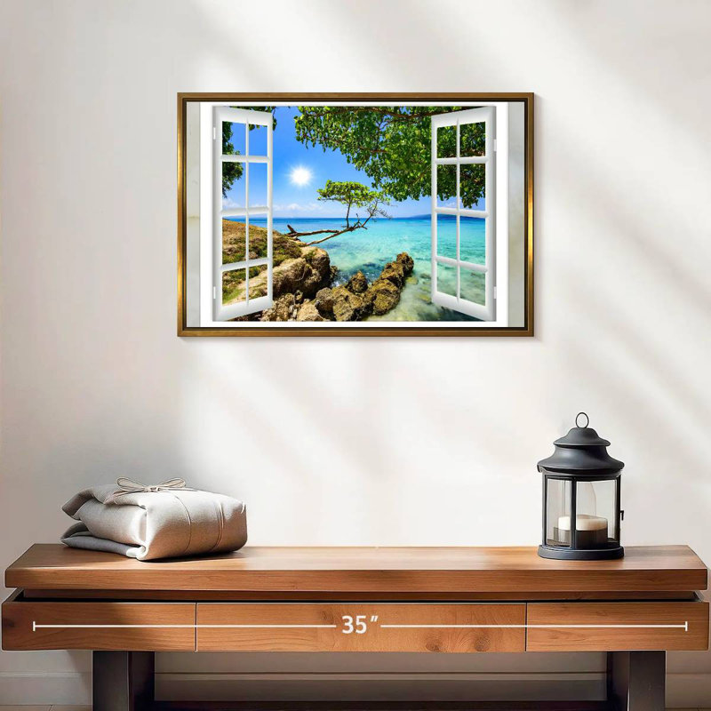 Window View, Floating Frame Natural Wood, 46" X 31"