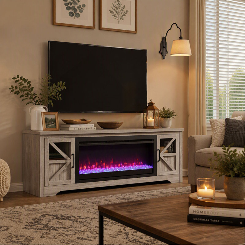 Meuble télé avec foyer électrique de 112 cm (44 pouces) pour téléviseurs jusqu'à 203 cm (80 pouces) dans un salon.
