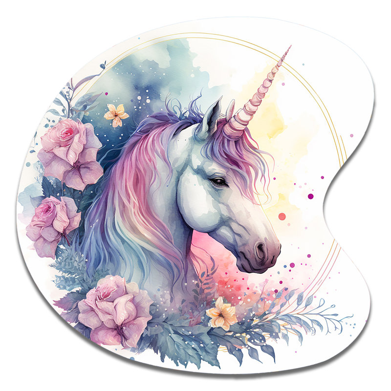 Mignonne licorne pastel entourée de fleurs III - animaux, forme de cheval, art mural asymétrique en métal, H 27 po x l 27 po