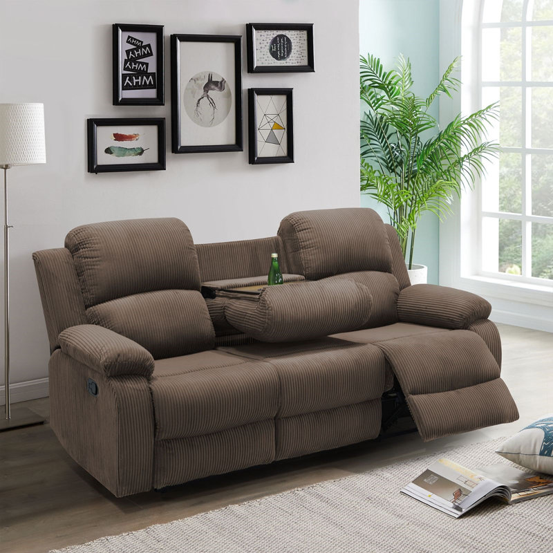 78.5"Pillow Top Arm  Reclining Sofa with Drop down table and Cupholders, Beige Taupe Corduroy