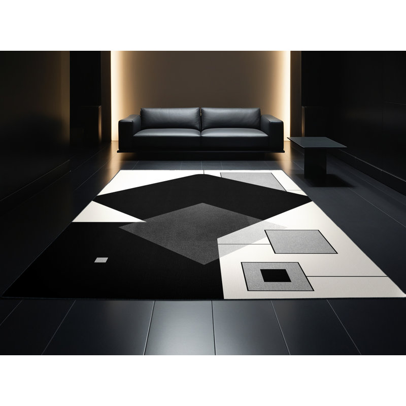 Tapis géométrique moderne et contemporain lavable à la machine gris Bensonhurst - Reliure noire, 6 X 9
