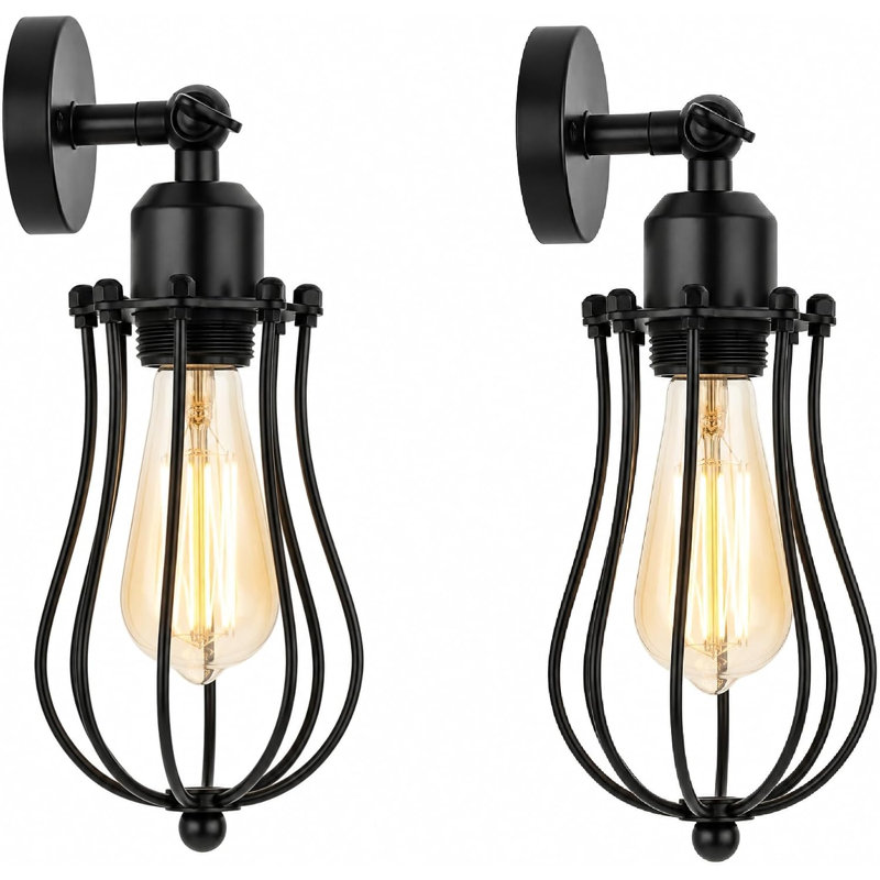 Vintage Industrial Adjustable E27 Wire Cage Wall Sconce, Oil Rubbed Indoor Wall Lamp, Black, Black