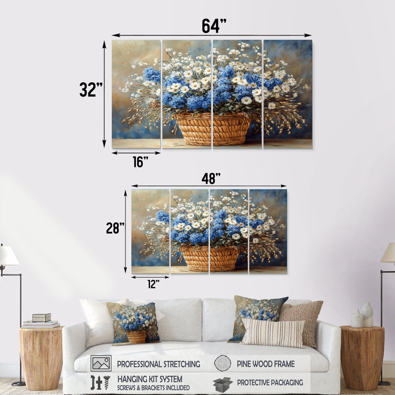 Ensemble de fleurs bleues et blanches, H 32 po x l 64 po