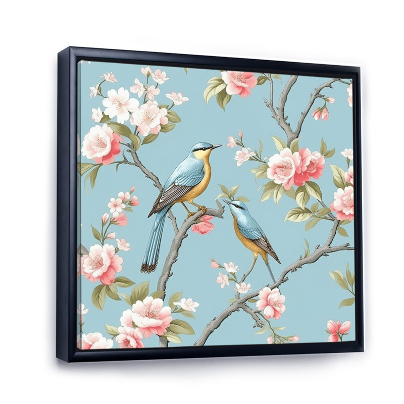 Chinoiserie avec oiseaux et pivoines - impression, Cadre flottant noir, H 30 po x l 30 po x P 1 po