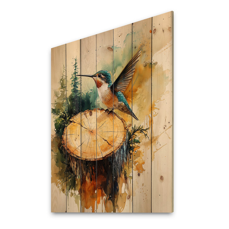 Hummingbird Into The Wood Slide II - Hummingbird Animal Wood Wall Decor - On Natural Pine Wood, 40" H x 30" W x 0.78" D