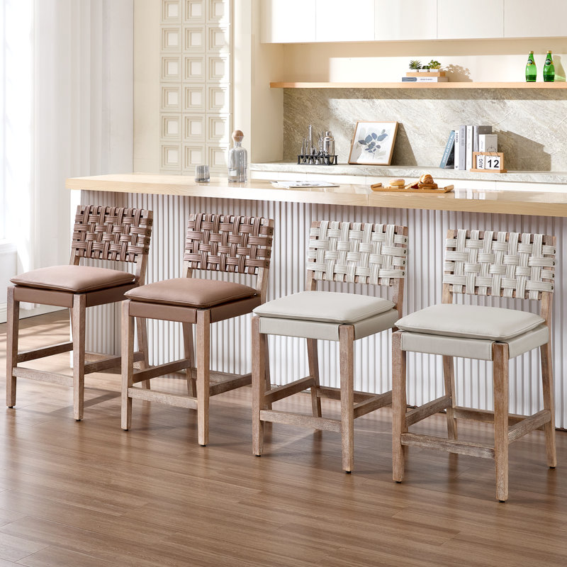 Stylishly Chic Mid-Century Modern Faux Leather Bar Stool - Perfect Counter Height Chair with Elegant Footrest and Woven Faux Leather Back for Your Kitchen