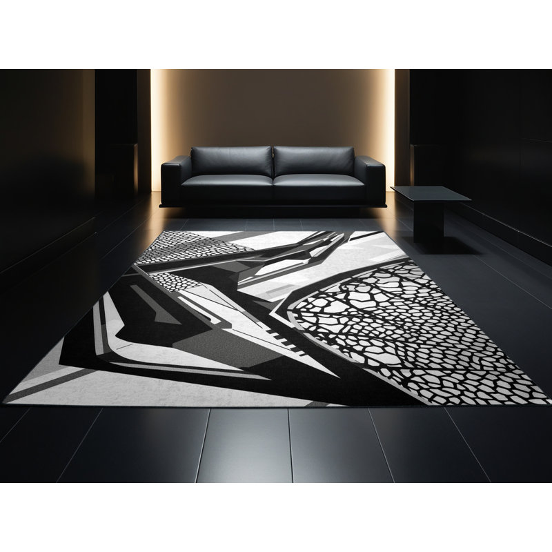 Machine Washable Takengon Lacrosse Stick Net Modern & Contemporary Geometric Rug in Gray – Black Binding, 2x5