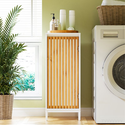 Living Room Side Cabinet With Bamboo Slats Door - Natural/White