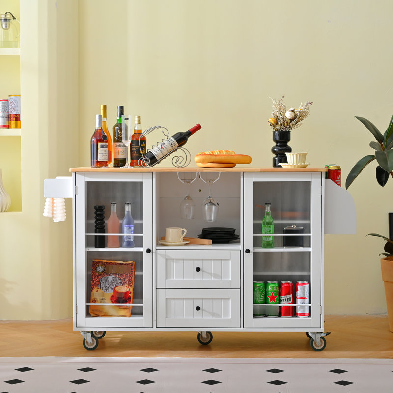 Chariot de cuisine roulant avec dessus d'établi à abattant, 2 tiroirs, unité de rangement de porte, porte-serviettes, tablette à épices, blanc, bois d'hévéa, 34,77 po de hauteur, îlot 102,33 lb, espace, cintre, couleur blanche,