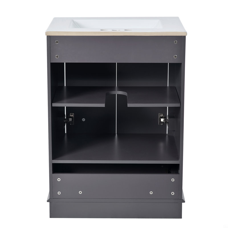 Ensemble de meuble-lavabo avec lavabo en céramique Defelice, armoire de rangement autoportante avec poignées argentées, portes à fermeture douce