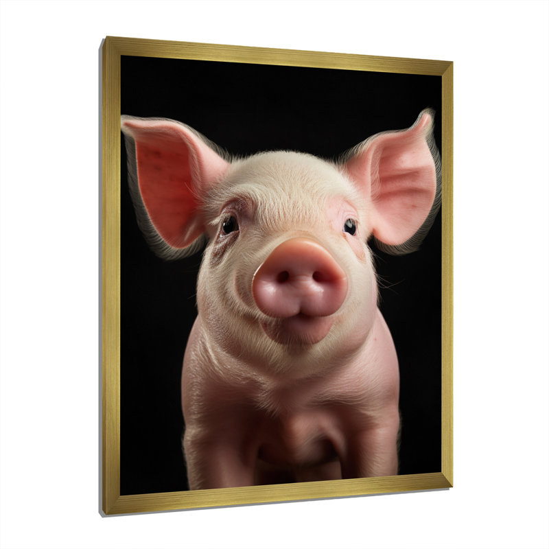 Cochon rose curieux sur toile, Encadrement doré, H 32 po x l 24 po x P 1 po