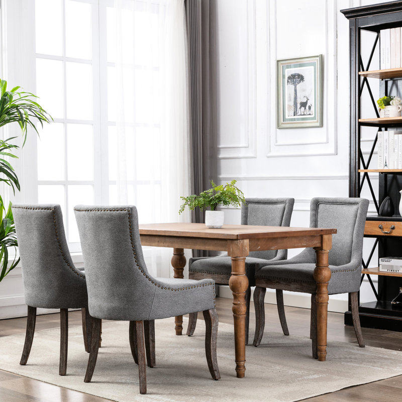 De 2 chaises de salle à manger d'appoint - Chaise luxueuse en tissu gris avec pieds en bois massif et tête de clou bronze confortable