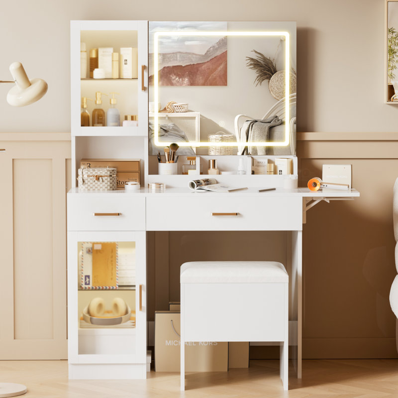 Vanity with Mirror, Charging Station, Makeup Table Set with RGB Cabinets and 3 LED Light Modes