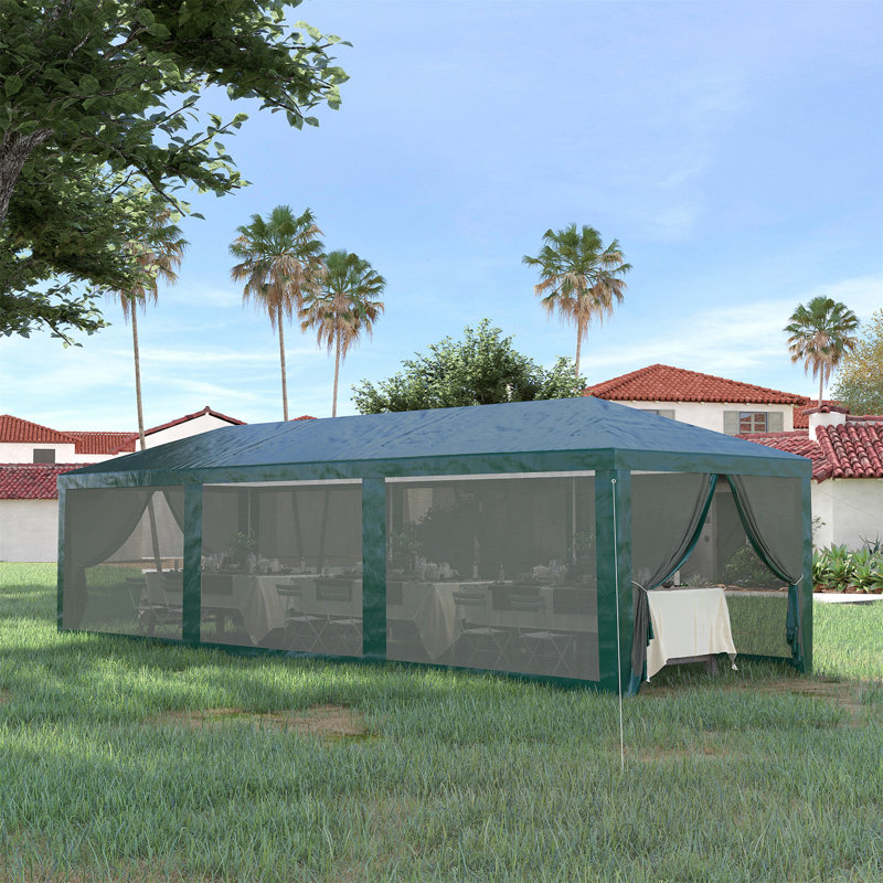 10' X 28' Party Tent Canopy, Outdoor Event Shelter Gazebo With 8 Removable Mesh Sidewalls, Zipper Doors, Steel Frame, Green