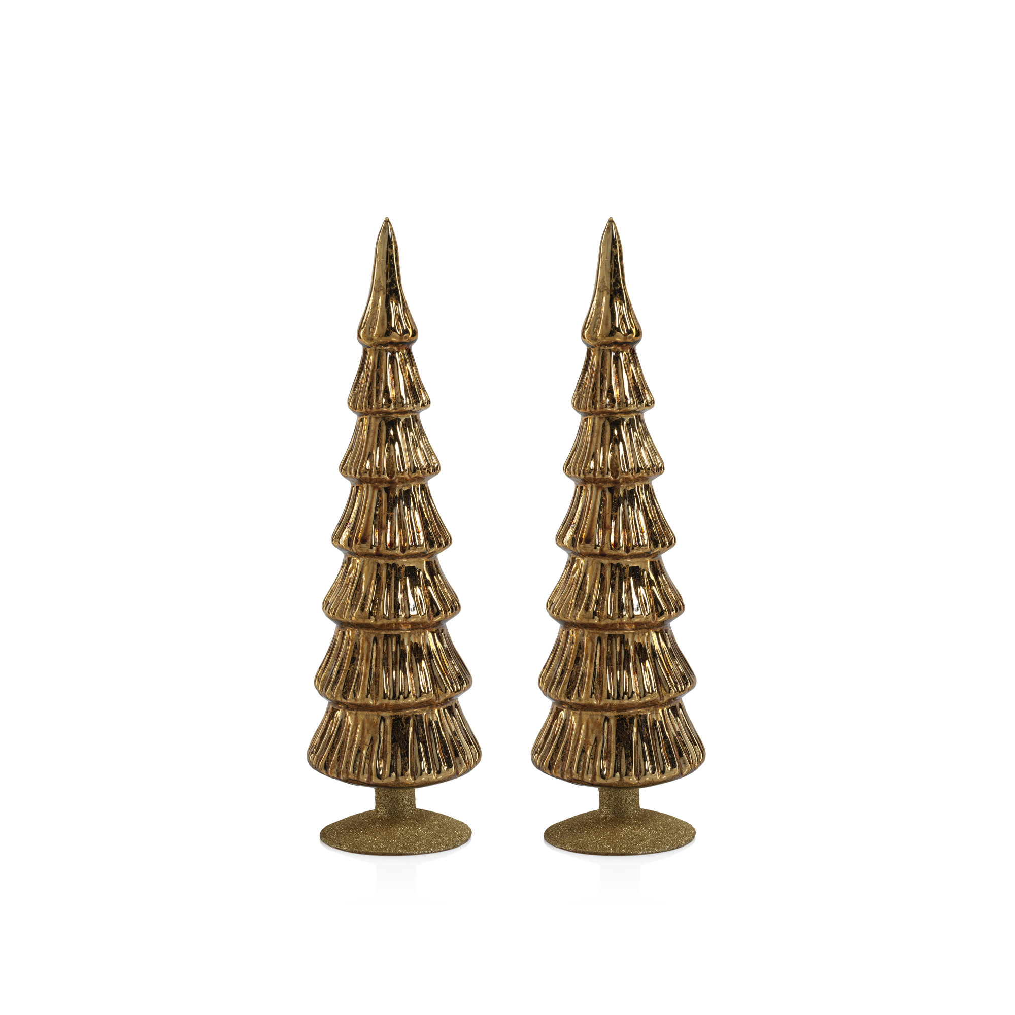 Merrigan Light Green Glass Tree on Gold Glitter Base, Set of 2, Gold, 15.25" H x 3.5" W x 3.5" D