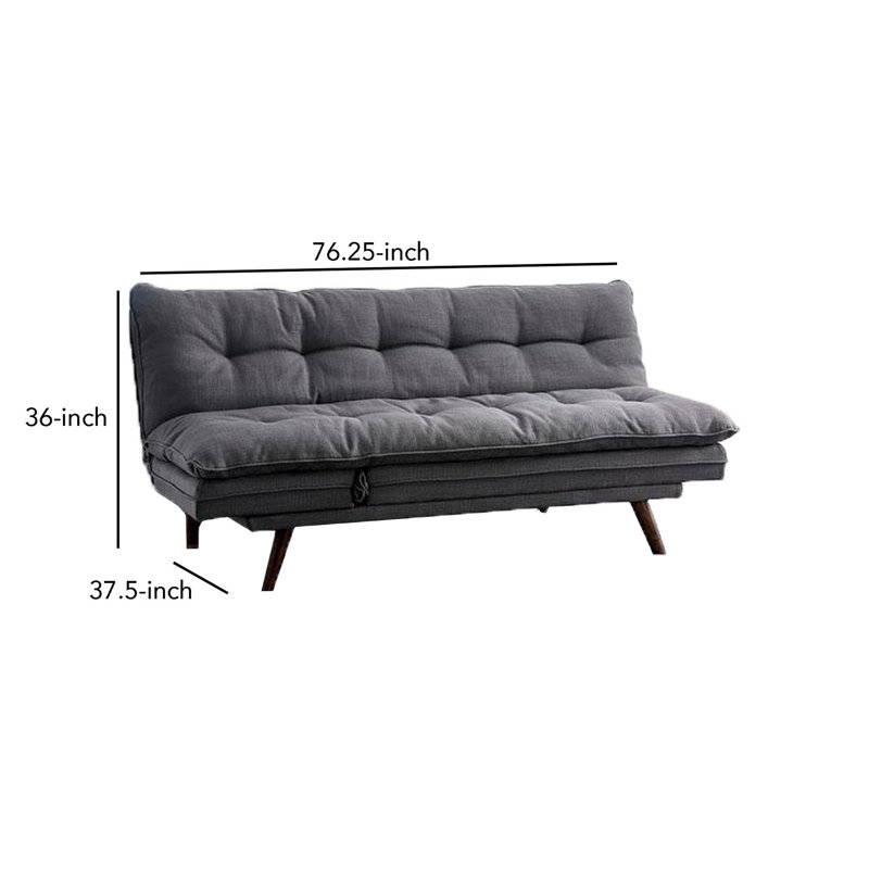 Canapé futon, revêtement en tissu gris, capitonnage à boutons, structure en bois massif