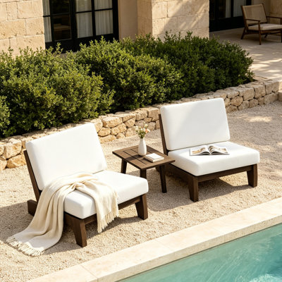 Ensemble de terrasse en teck massif pour 2 personnes Polett, ensemble de sièges d'extérieur complet avec chaises sans accoudoirs, coussins et table d'appoint