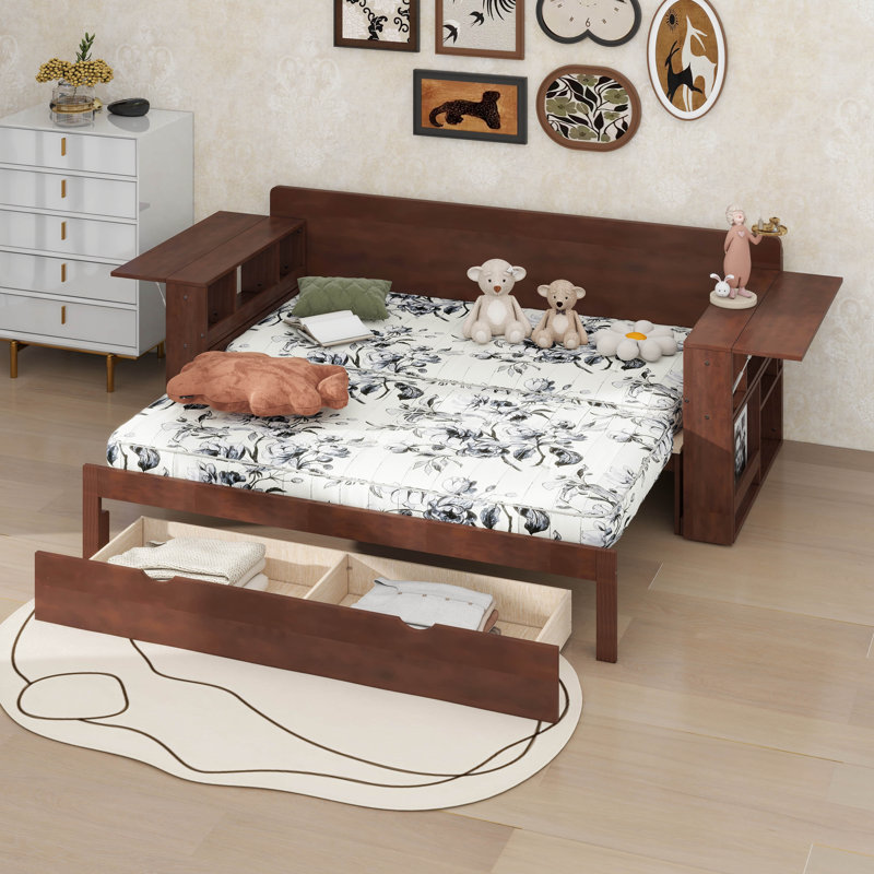 Daybed With Removable Desk - Storage Drawers & Hydraulic Side Table, Espresso, Queen