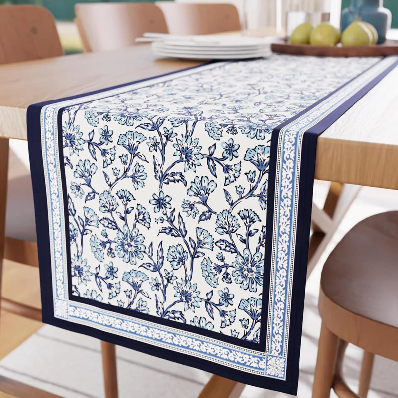 Block Printed Cotton Canvas Table Runner, Blue