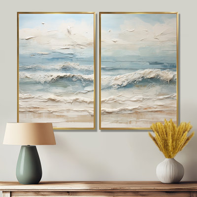 Peinture de bord de mer beige et bleue - art mural nautique beige 2 pièces