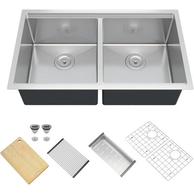 Undermount Double Bowl Kitchen Sink, 16-Gauge Stainless Steel, 33-Inch Workstation Design with Integrated Ledge and 9-Piece Accessories, Modern Kitchen