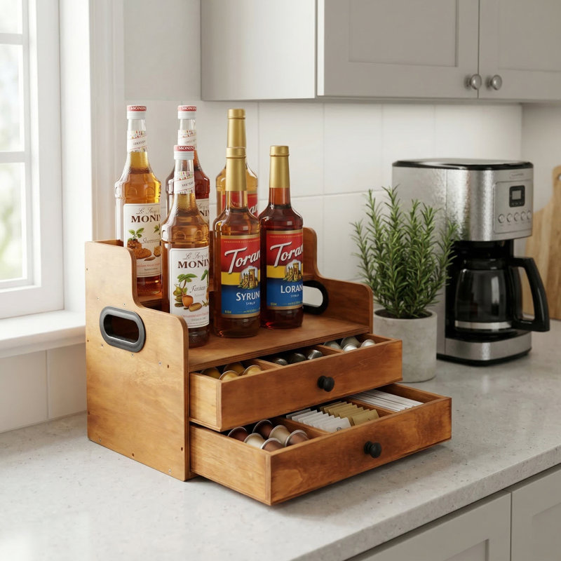 Organisateur de station de café rustique en bois avec 2 tiroirs, support de comptoir à 2 niveaux pour bar à café, sirops, K-Cups et accessoires de cuisine, l 14,4 po x P 8,8 po x H 10,7 po