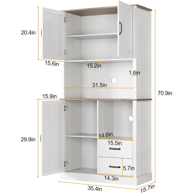 Armoire de cuisine moderne avec support pour micro-ondes, grande armoire à bar avec tiroirs et tablettes réglables, Blanc