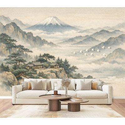 Papier peint adhésif mural Misty, paysage de montagne japonais, arbres de pin, montage mural H 69 po x l 96 po, papier peint amovible en PVC auto-adhésif pour chambre à coucher, bureau à domicile