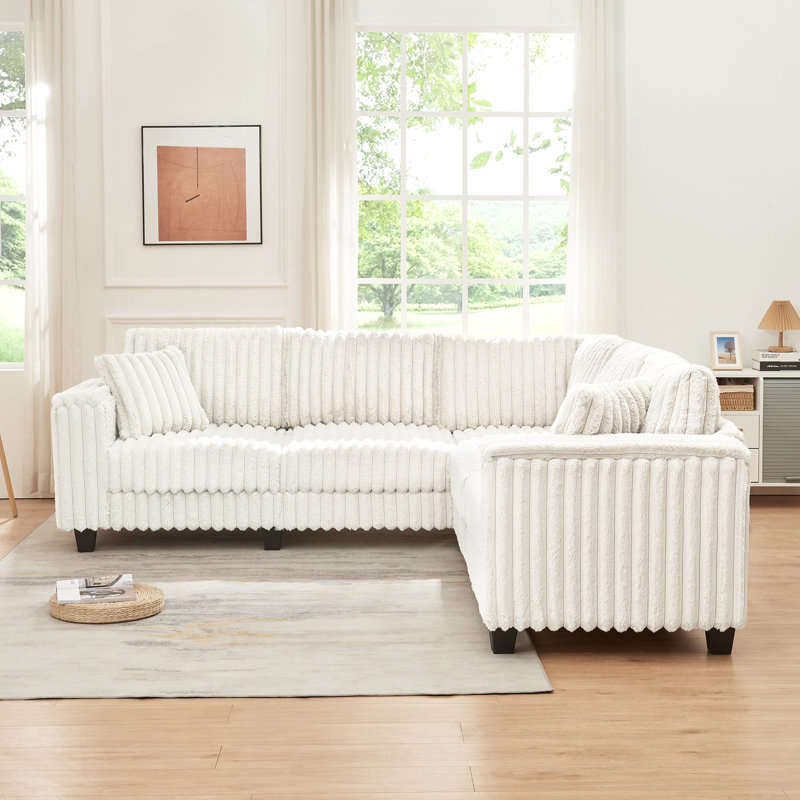 Faux Rabbit Fur L-Shaped Upholstered Sectional Sofa, White