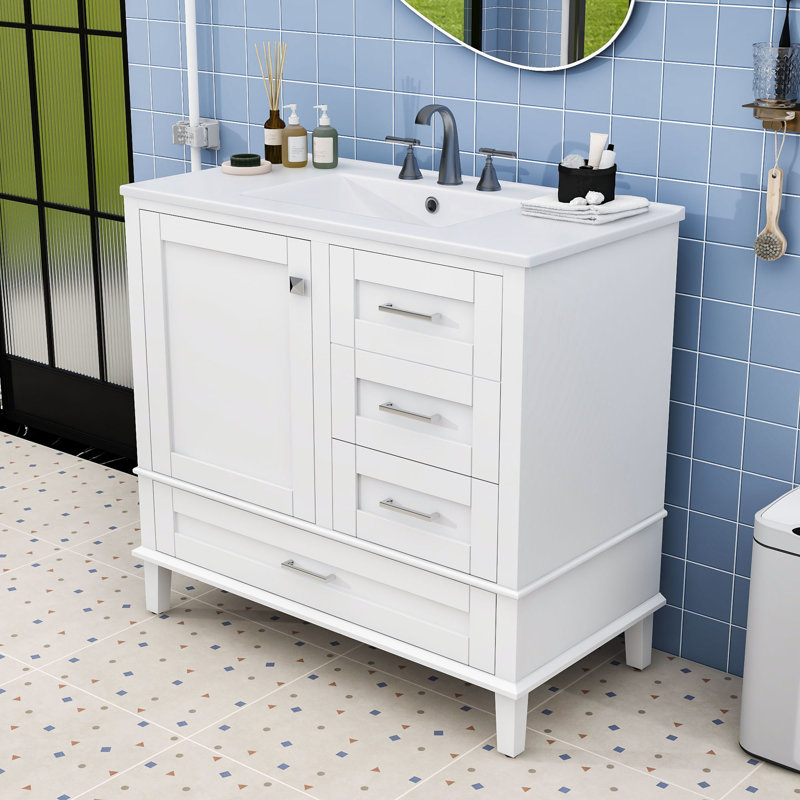 Bathroom Vanity with Soft-Close Doors, Overflow Basin and Versatile Storage, White/Silver